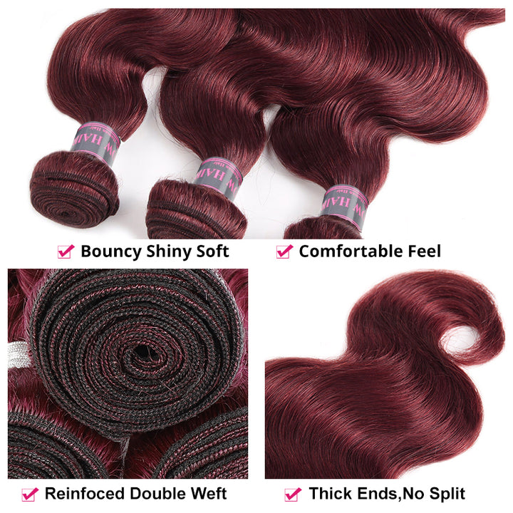 Burgundy Body Wave Human Hair Bundle With Smooth Texture and Healthy Ends
