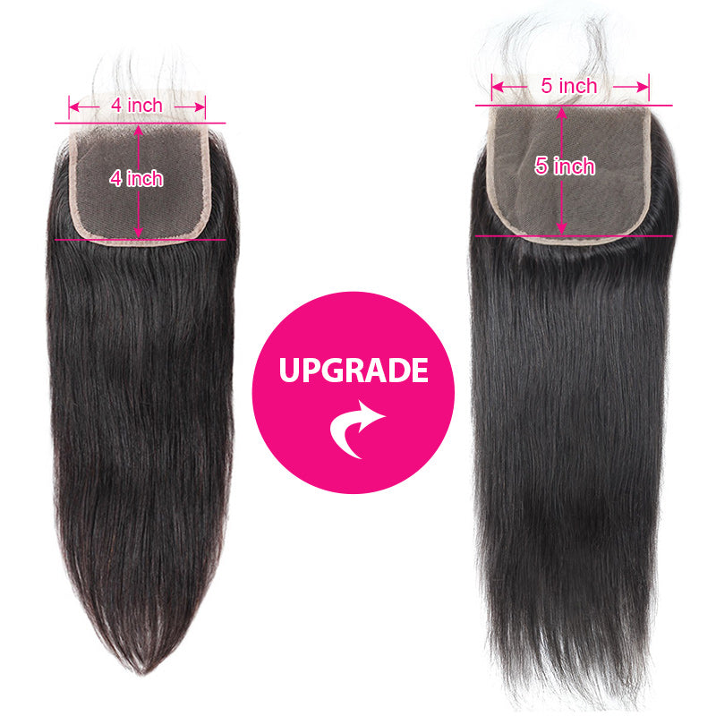 Comparison of human hair lace closures showing 4x4 inch lace closure and 5x5 inch lace closure, upgrade now