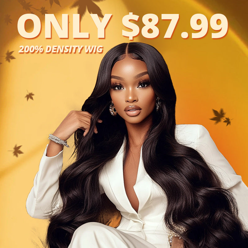 Woman with body wave glueless wig on pink background with text saying"200 density only $87.99"