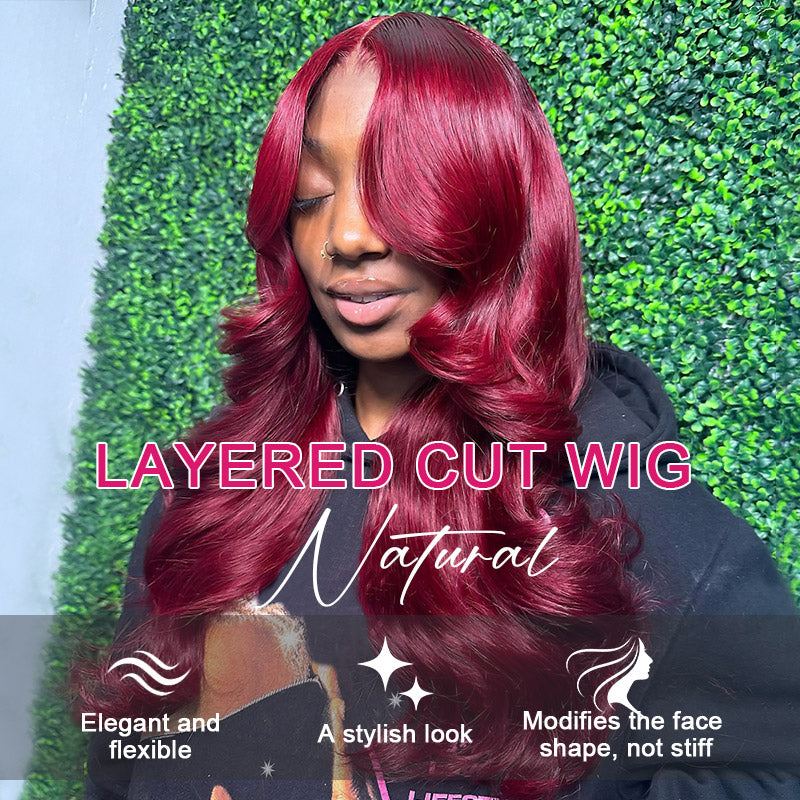 Ishow 99J Burgundy Layered Cut Straight and Body Wave 13x4 Lace Front Wig Pre-Everything Invisible Knots 5x5 Lace Glueless Wig