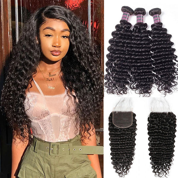 Ishow Hair Deep Wave 3 Bundles With 5x5 Lace Closure Brazilian Hair Bundles With Closure