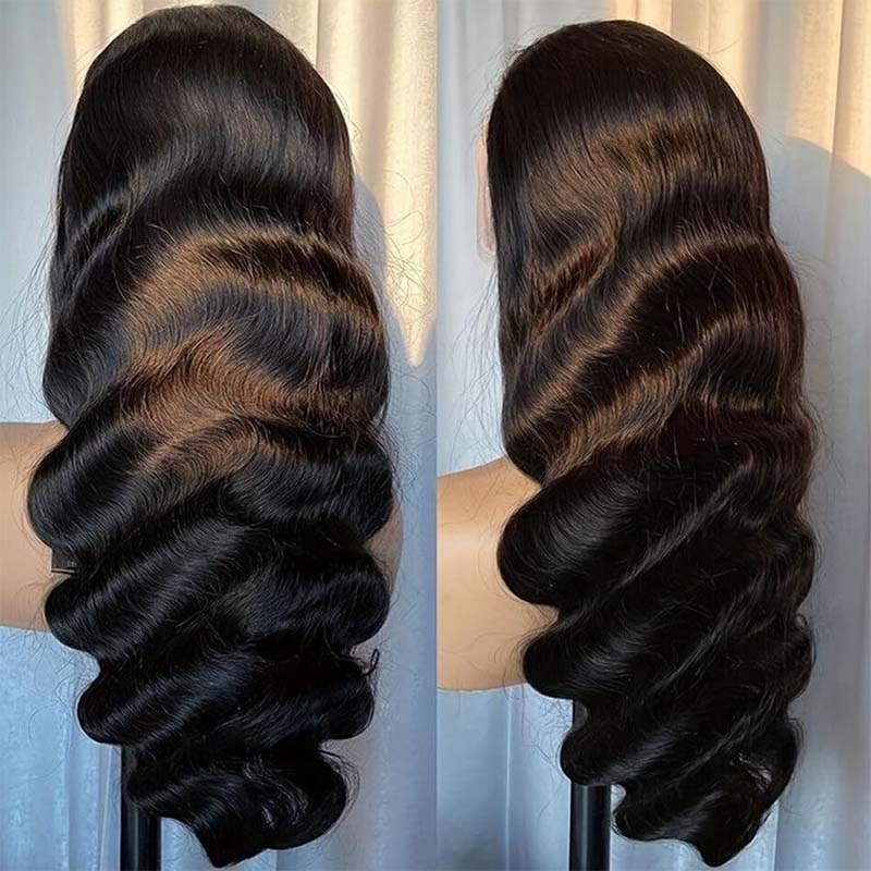 Long Black Human Hair Wig With Defined Waves On Mannequin Display