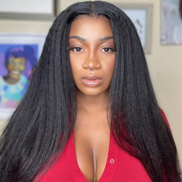 Woman With Long Straight Black Hair in Red Top, Showcasing Glueless Kinky Straight Wig