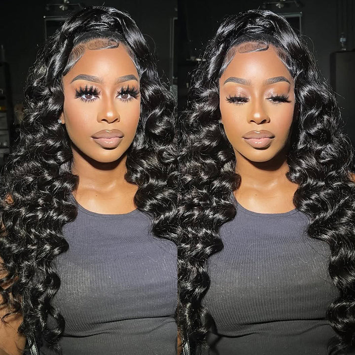 Indian Loose Wave hair extensions set with three bundles and 13x4 lace frontal closure in natural black color.