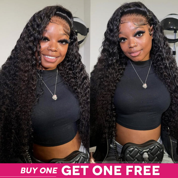 Model Wearing 4x4 Lace Closure Deep Wave Glueless Wig.Special offer: Buy One Get One Free.