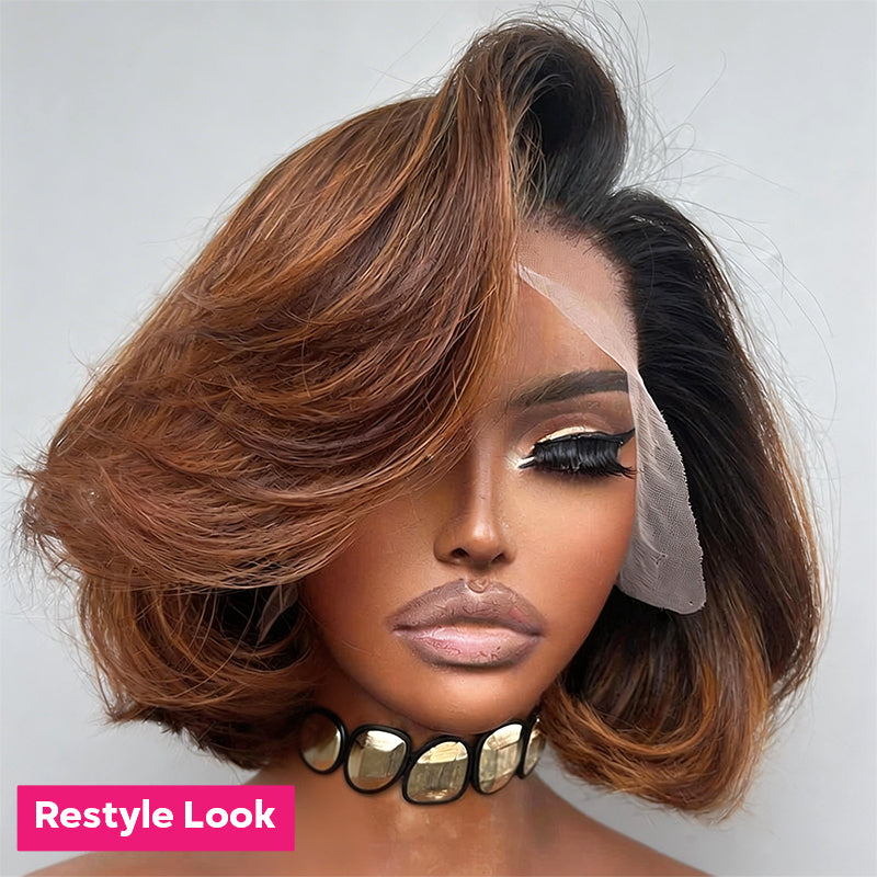 Mannequin head styled bob wig on a white background with 'Restyle Look' text