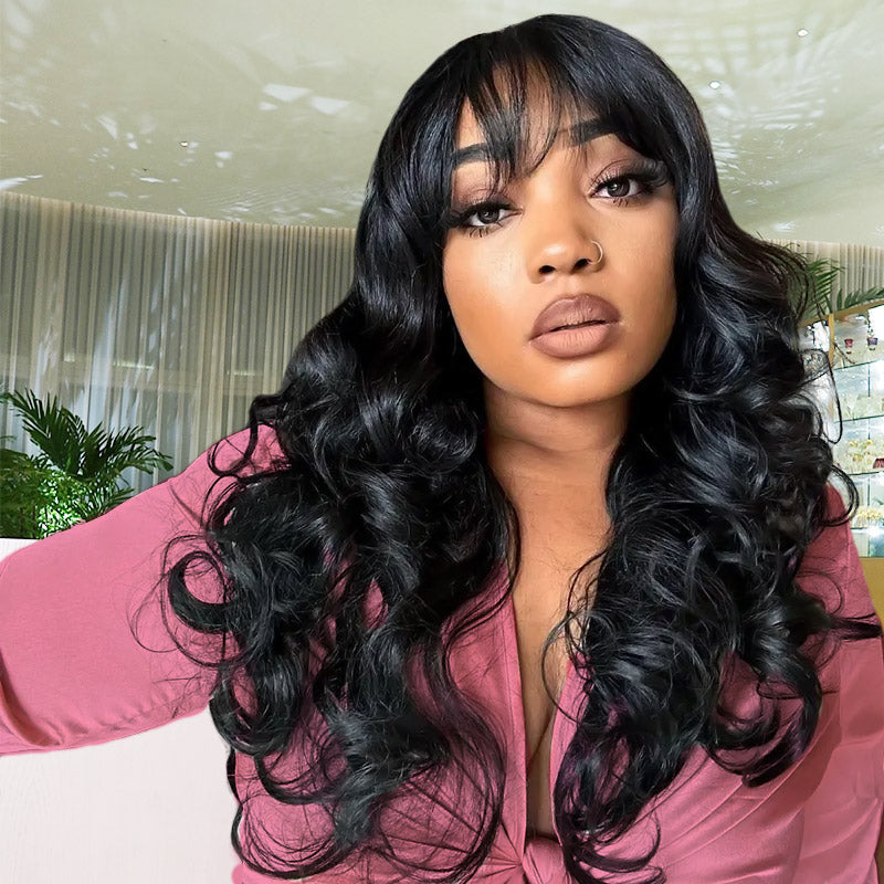 Fashion Body Wave Wig With Bangs, Easy To Install Glueless Wig