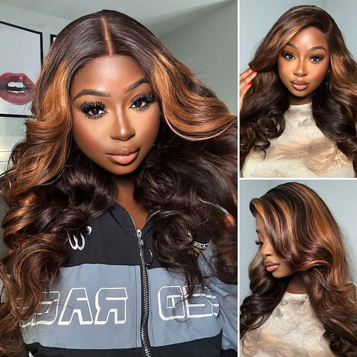 Ishow Ready To Wear PPB™ Colored Human Hair Wigs Auburn Brown Ombre Highlights Body Wave Lace Frontal Wig Pre Plucked
