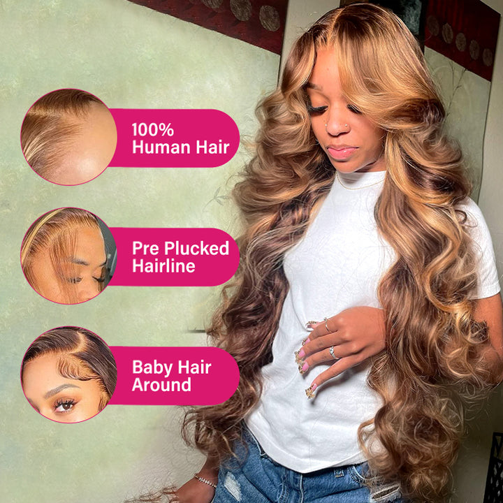 Balayage Highlight Wigs Body Wave 13X4 Lace Front Wigs HD Frontal Lace Wigs