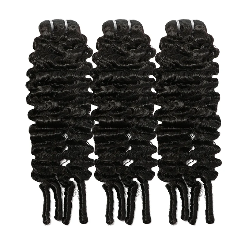 Three natural black burmese curly human hair bundles on a white background
