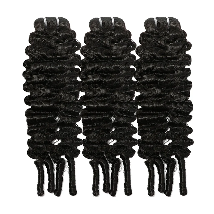 Three natural black burmese curly human hair bundles on a white background