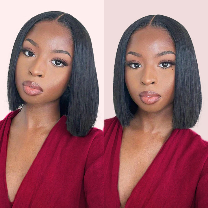 Model Showcasing Shiny Straight Black Bob Wig in Natural Look