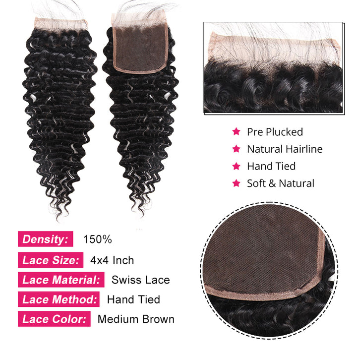 Deep Wave 4 Bundles With 4*4 Lace Closure 100% Virgin Brazilian Human Hair Weave