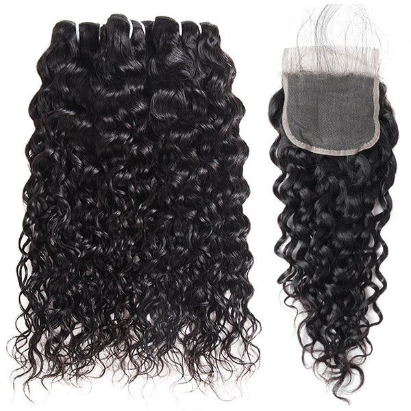 Water Wave Hair Bundles with Closure Peruvian Hair 3 Bundles with 4x4 Lace Closure