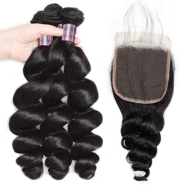 Loose Wave Bundles with Closure Malaysian Virgin Hair 3 Bundles with 4x4 Lace Closure