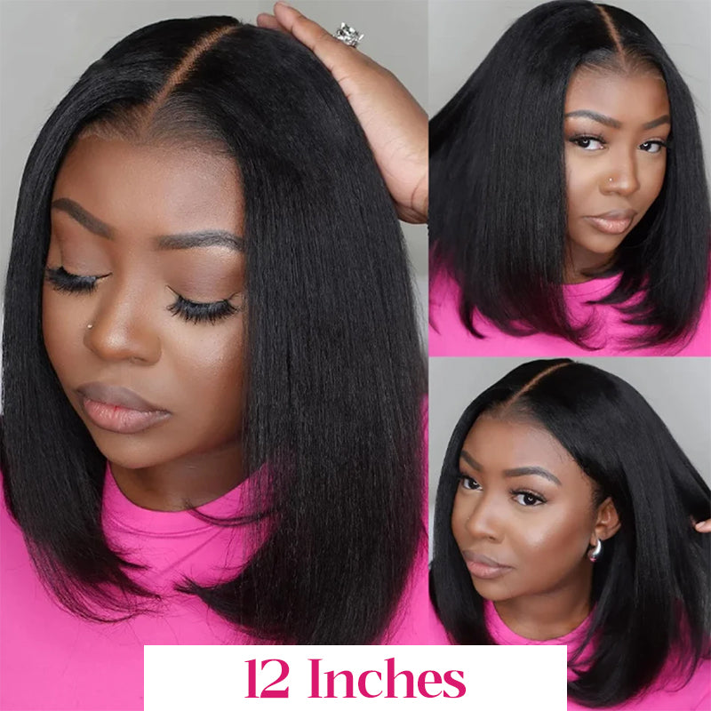 Model Wearing 12-Inch Yaki Straight Bob Wig, Showcasing Smooth Texture and Natural Style