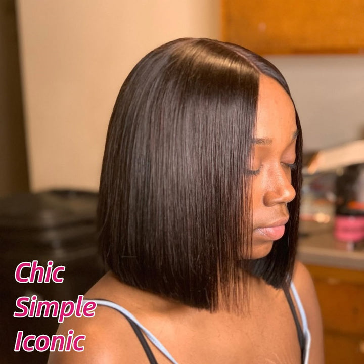 Person with a short bob wig in a kitchen setting, with text 'Chic Simple Iconic' on the left.