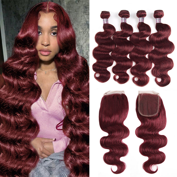 Ishow 99J Burgundy Body Wave Brazilian Human Hair Bundles With 4x4 Lace Closure 4 Bundles With Lace Closure