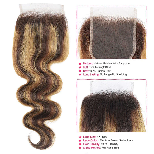 Ishow Body Wave Highlight P4/27 Color Lace Closure Brazilian Hair Transparent Lace Closure Natural Hairline Pre Plucked