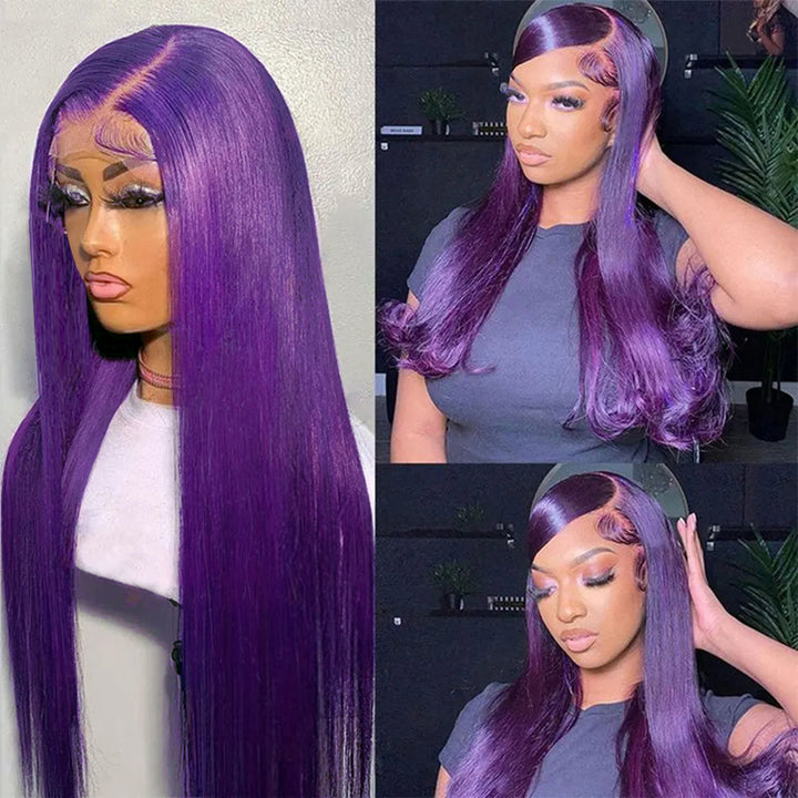 Ishow Dark Purple Straight Lace Front Wig 13x4 Transparent Lace Wig Remy Human Hair Wigs Pre plucked