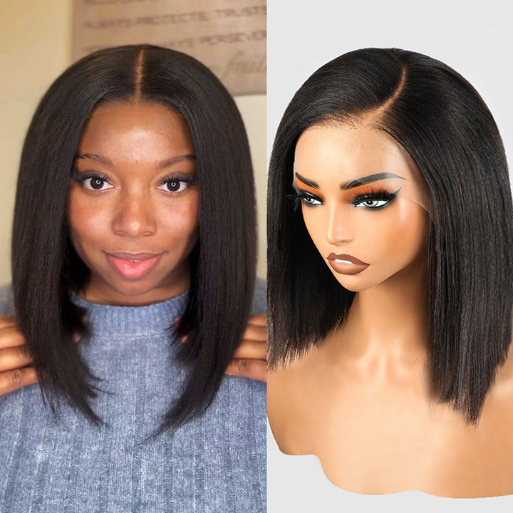 Ishow Upgrade Yaki Straight Human Hair Bob Wig 13x4 Lace Front Pre Plucked Pre-Cut Lace Glueless Wig