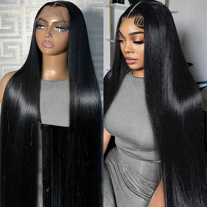 40-Inch Straight Black Lace Front Wig On Mannequin Next to Model With Sleek Hairstyle