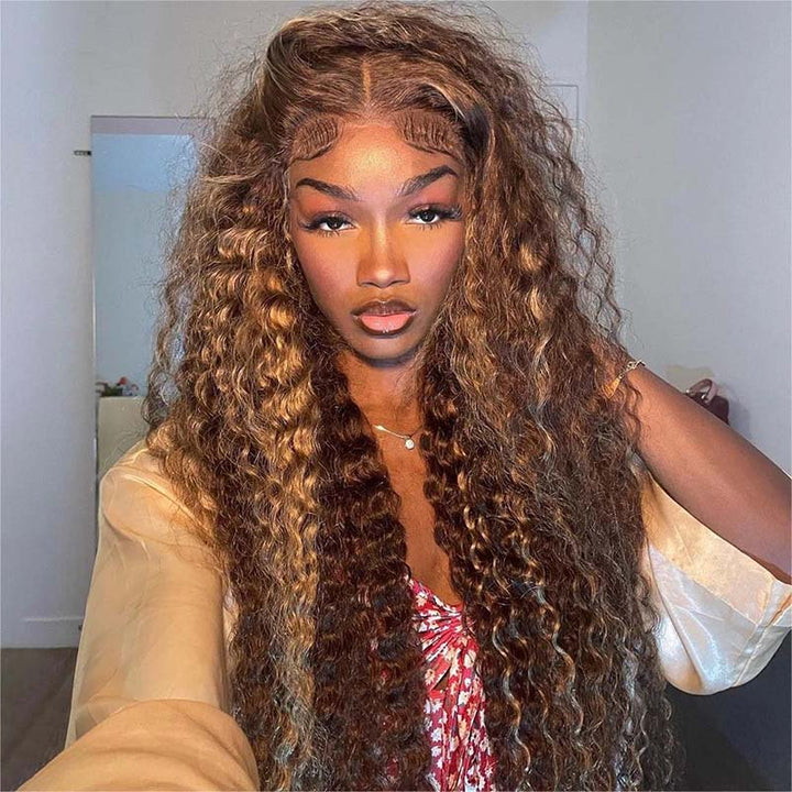 Honey Blonde Highlight Wig Deep Wave Highlight Lace Wig 4x4 Lace Closure Wig