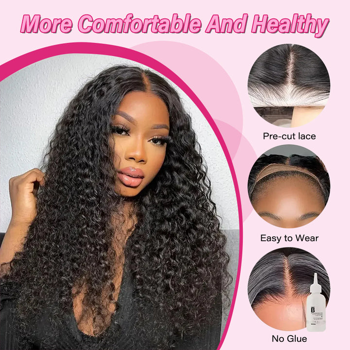 Model Showcasing Glueless Deep Wave Wig With Natural Part; Features Pre-Cut Lace