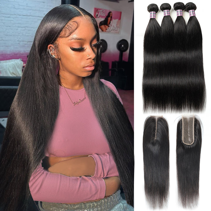 Ishow Straight Hair 4 Bundles With Deep Part 2x6 Lace Closure Brazilian Hair Bundles With Closure