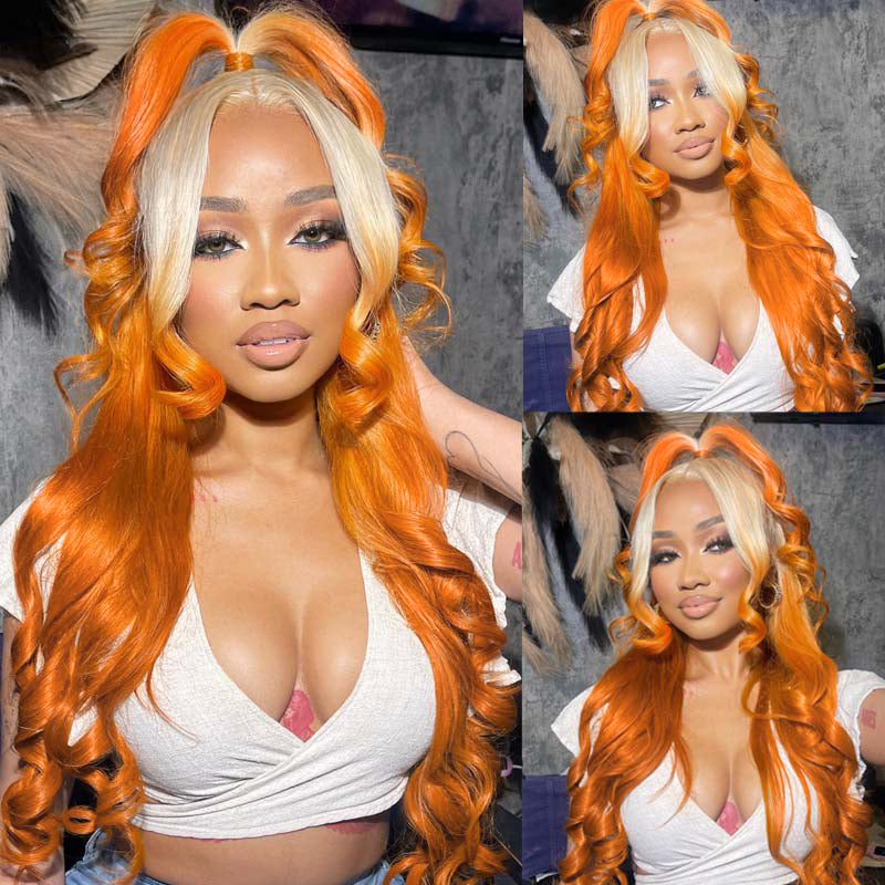 Lace Front Wig in Blonde and Orange Gradient On Woman With Soft Waves