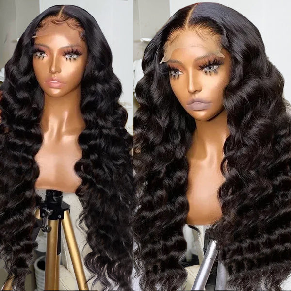 Loose Deep Wave Glueless Wig Displayed On Mannequin Showcasing Natural Curls