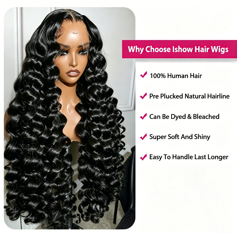 Black Color Loose Deep Wave Wig On A Mannequin With Promotional Text About Ishow Hair Wigs On A White Background.
