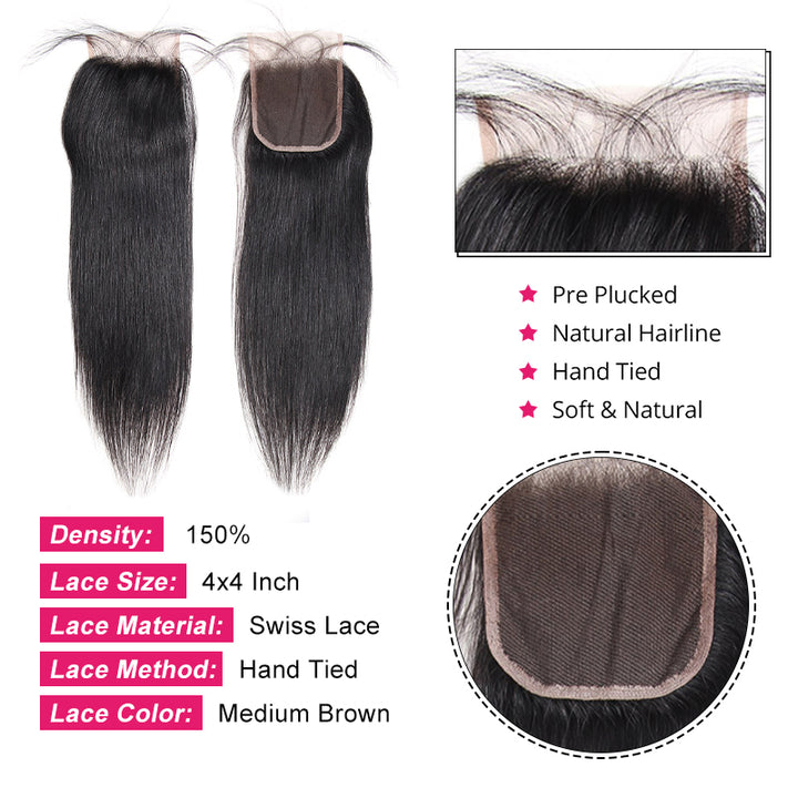 Straight Hair Bundles with Closure Brazilian Human Hair 3 Bundles with 4x4 Lace Closure