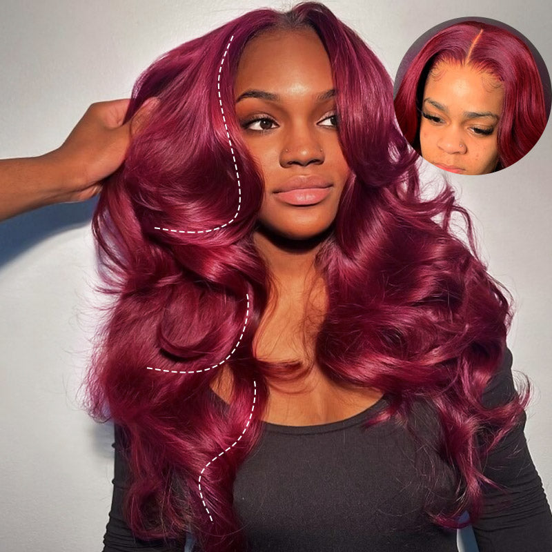 Ishow 99J Burgundy Layered Cut Straight and Body Wave 13x4 Lace Front Wig Pre-Everything Invisible Knots 5x5 Lace Glueless Wig