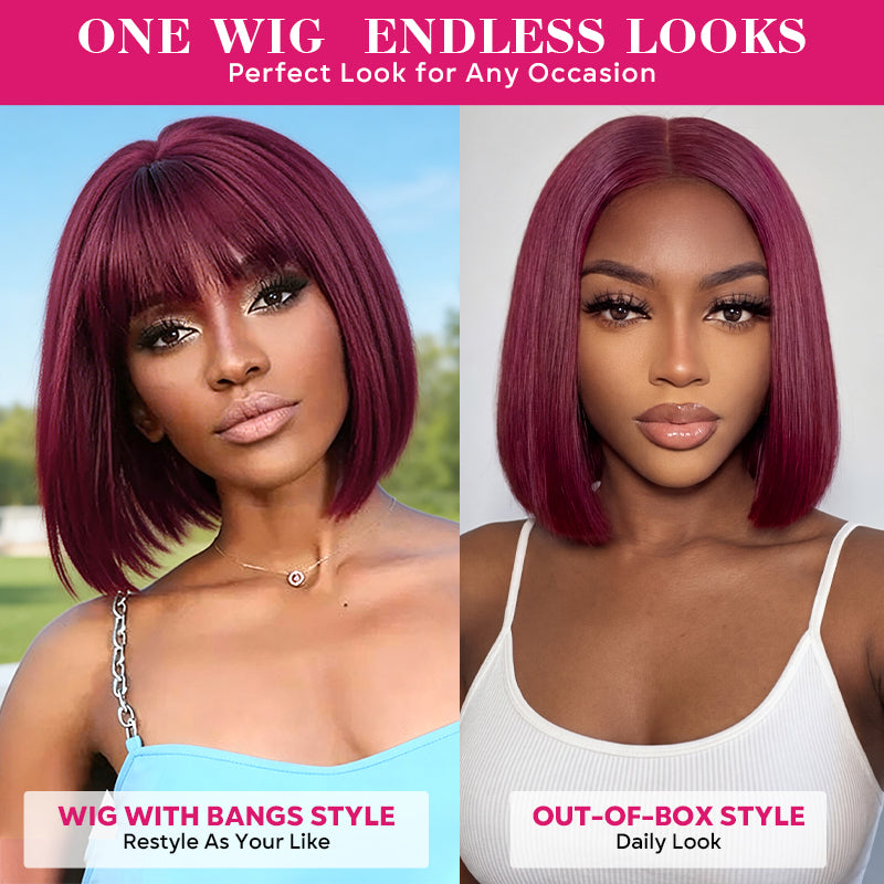Two women wearing 99J color wigs with different styles on a pink background.
