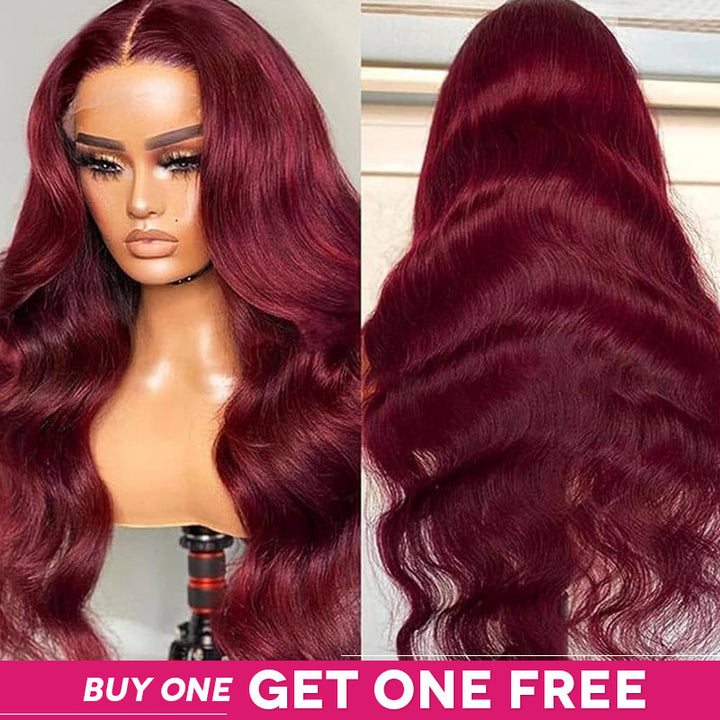 99J Burgundy Glueless Wig With Long Waves On Mannequin, Promotional Offer Below