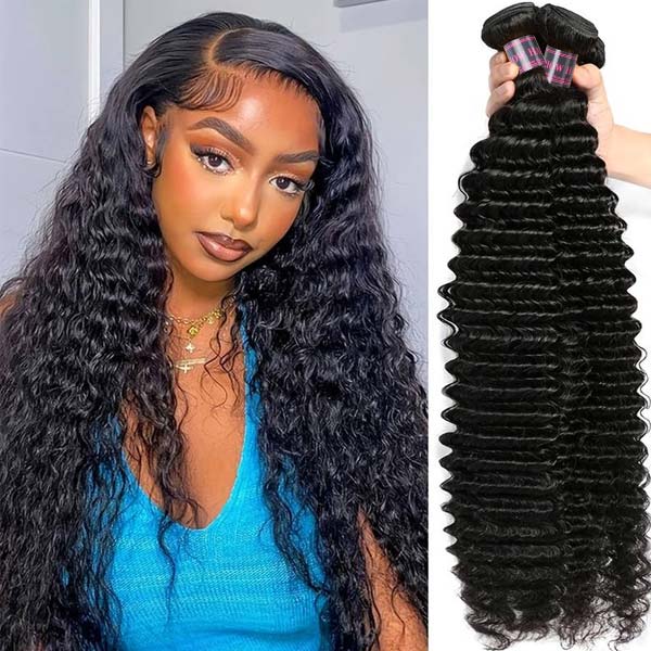 Model With Deep Wave Lace Front Wig Next to Hair Bundles for Sale