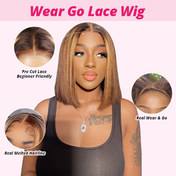 Ishow PPB™ Invisible Knots Ready To Wear Straight Short Bob Wig Balayage P4/27 Highlighted 5x5 Lace Closure Wigs Pre Cut Wigs