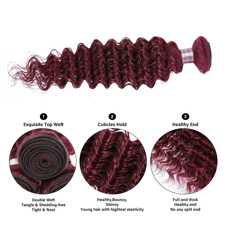 Burgundy Deep Wave Hair Bundle Showcasing Bouncy Curls and Healthy Ends