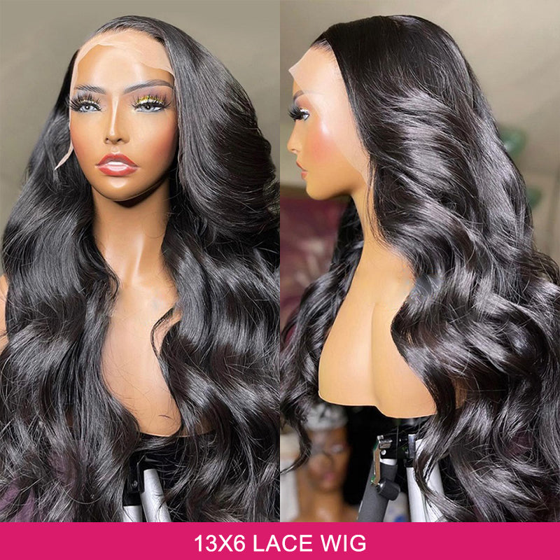 Body Wave Lace Front Wig On Mannequin With Natural Black Color and Pre-Plucked Hairline