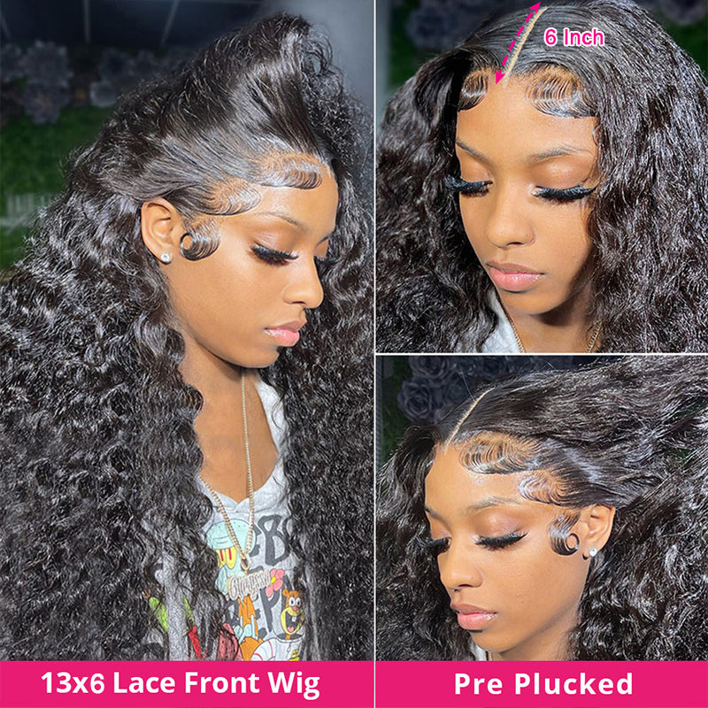 Close-Up of Deep Wave Lace Frontal Wig With Natural Black Color and Detailed Hairline