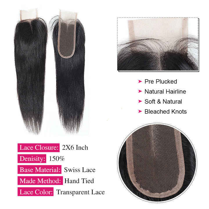 2x6 Human Hair Transparent Lace Closure Feature with Deeper Parting and Pre Plucked
