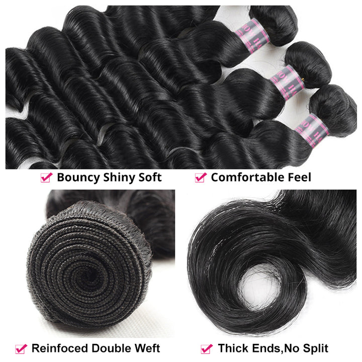 Three Bundles of Peruvian Loose Deep Wave Human Hair, Shiny and Soft Texture