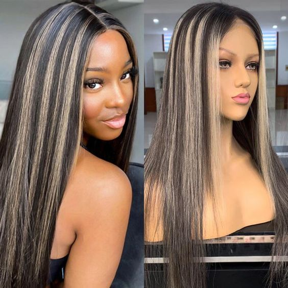 1B/27 HD Lace Frontal Wig Shown On Model and Mannequin, Straight Hair With Highlights