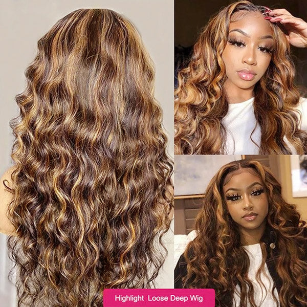 Ishow PPB™ Invisible Knots HD Lace Highlighted P4/27 Wear Go Wigs Loose Deep Wave Glueless Human Hair Wigs Pre Plucked