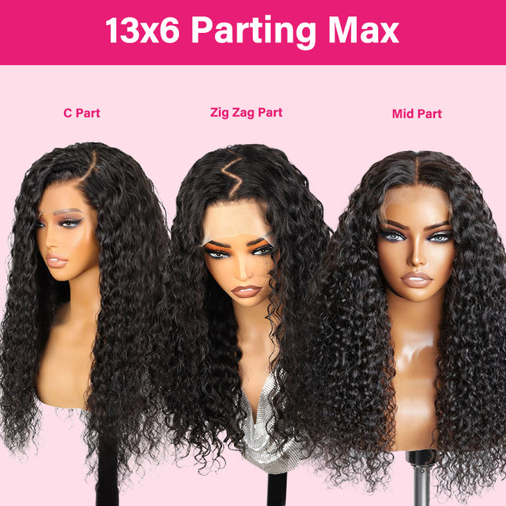 Deep curly frontal lace wig 13x6 Indian lace front in natural black on mannequin, styled with long deep wave textures
