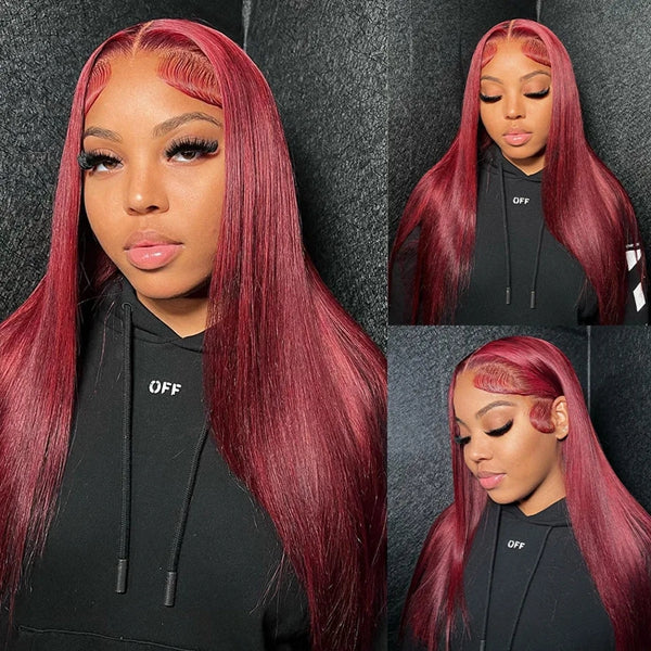 Ishow PPB™ Invisible Knots Pre Cut Wear Go Glueless 99J Straight Wig HD Lace Human Hair Wigs