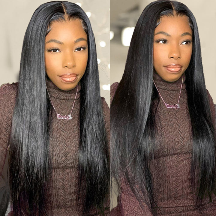 Model Showcasing Long Sleek Black Hair Wig, Styled With a Natural Look in Brown Top