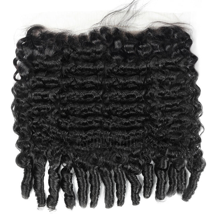 One single burmese curly human hair lace frontal on a white background