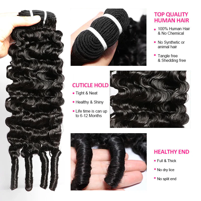Burmese curly human hair extensions on a white background and it feature with 100% human hair and neat curly pattern